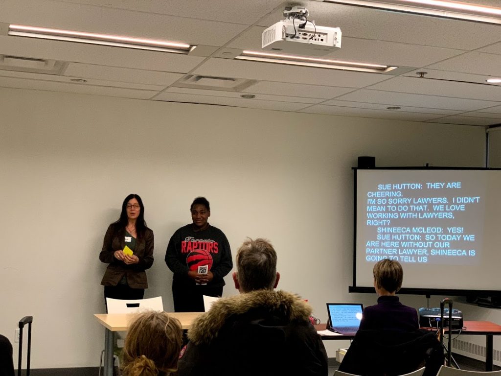 Sue Hutton, ARCH staff, and Shineeca Mcleod, Respecting Rights member, presenting at Toronto's IDPD event, 2018.