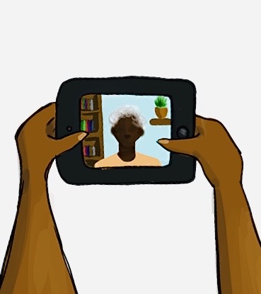 hands holding phone with a video image from another person