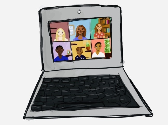 laptop showing 6 people in video conference call