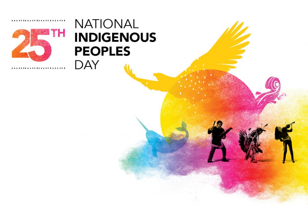Image with text on the top left with the text: 25TH NATIONAL INDIGENOUS PEOPLES DAY. On the bottom right part of the page, various overlay of colours for the background with images of an eagle, whale, and black and white images of people drumming, playing an instrument and an elder looking down, in his traditional clothing.