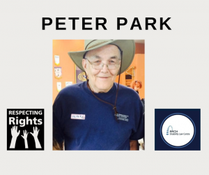 Image of Peter Park in the center. The name Peter Parker is the heading text at the top. Respecting Rights logo on the bottom left and ARCH's logo on the bottom right.