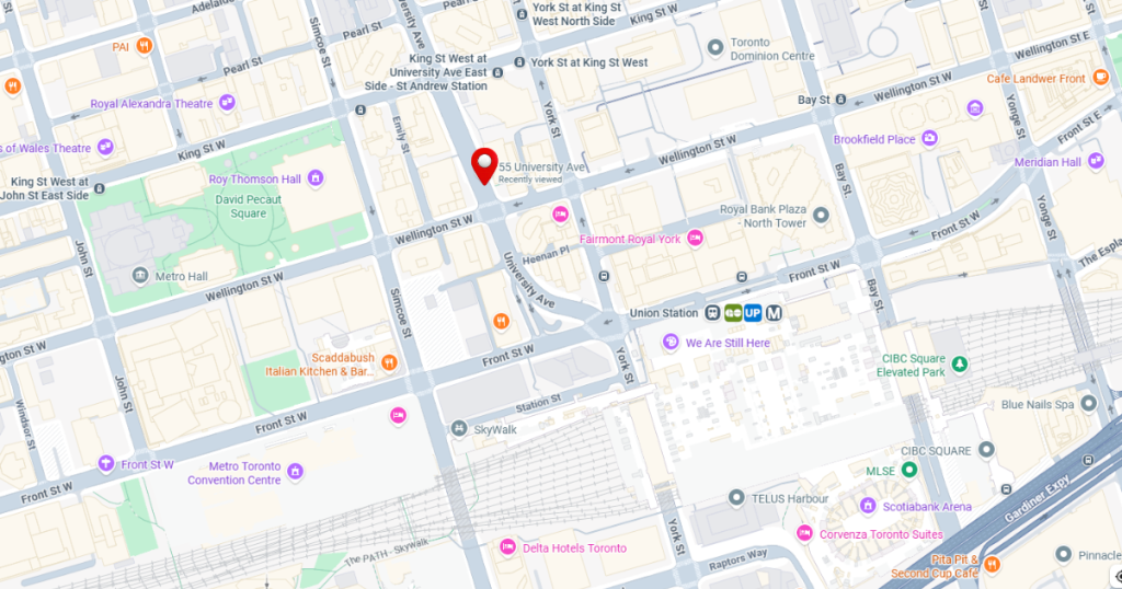 Map of downtown Toronto showing 55 University Avenue marked with a red location pin. Nearby landmarks include Union Station, Royal Bank Plaza, Fairmont Royal York, Metro Toronto Convention Centre, Roy Thomson Hall, Scotiabank Arena and David Pecaut Square.